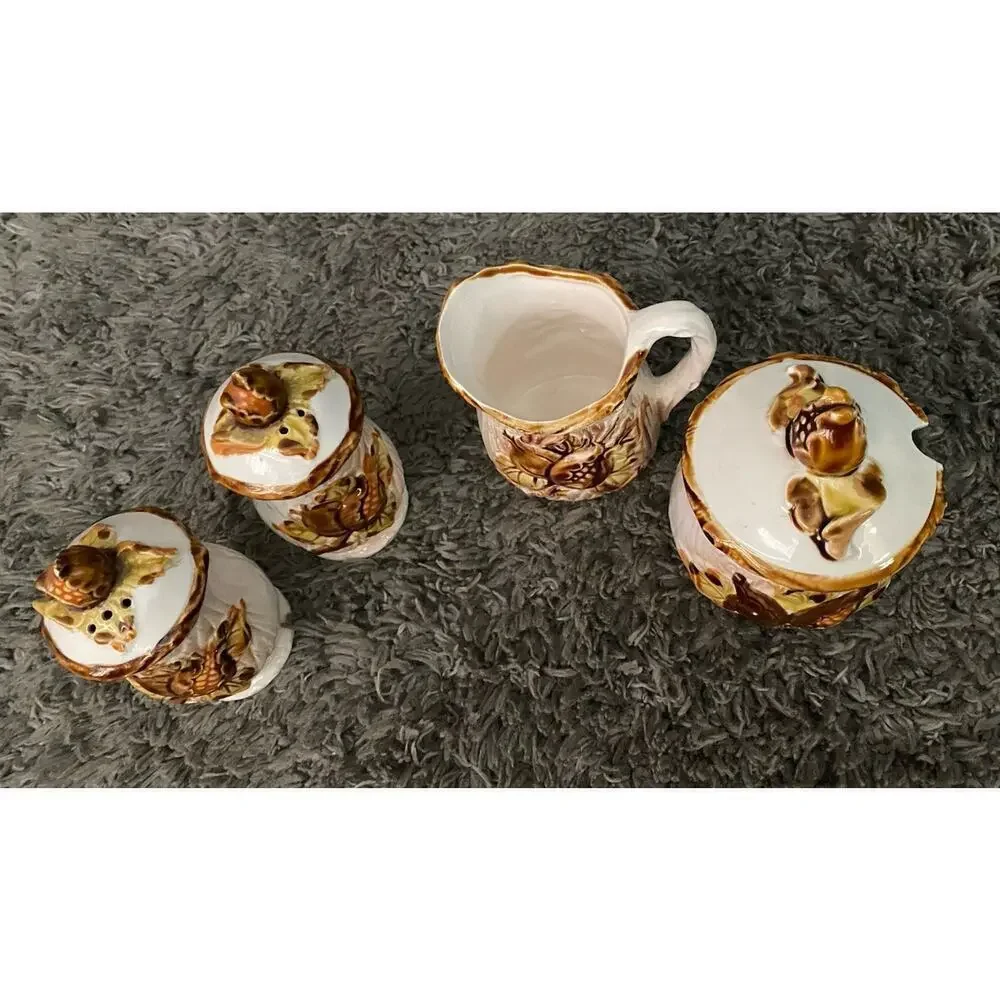Nevco Small Cream and Brown Creamer, Sugar Bowl, Salt & Pepper Vtg Shaker Set